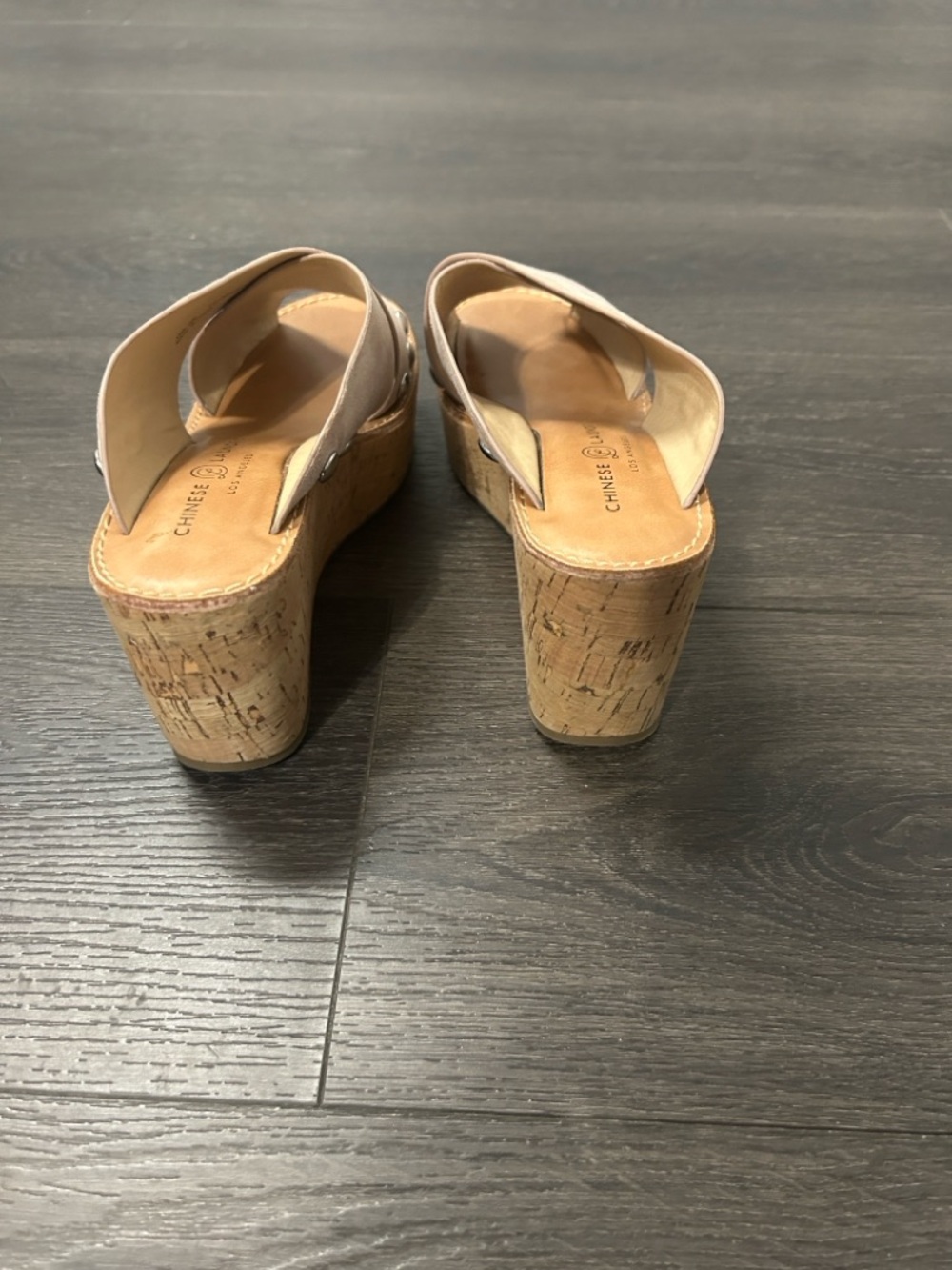Chinese Laundry Taupe Blush Suede Cork Wedge Studded Sandals - Picture 5 of 6